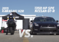 Kawasaki H2R vs 1350hp Nissan GTR Very Intense Drag Race (video)